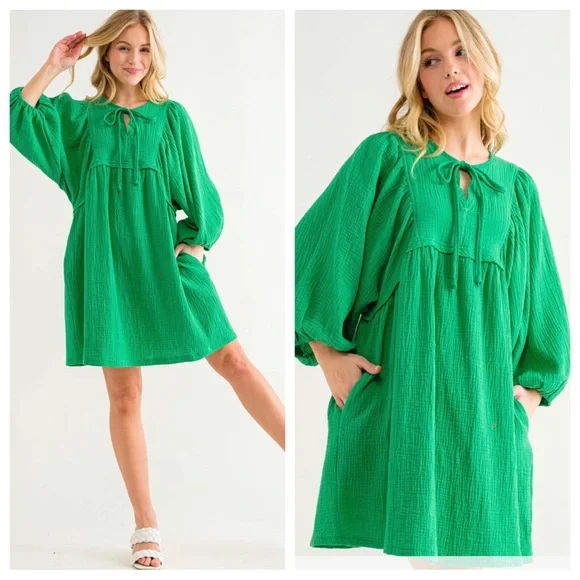 36 Boho Front Tie Neck Gauze Dress - Picture 5 of 5